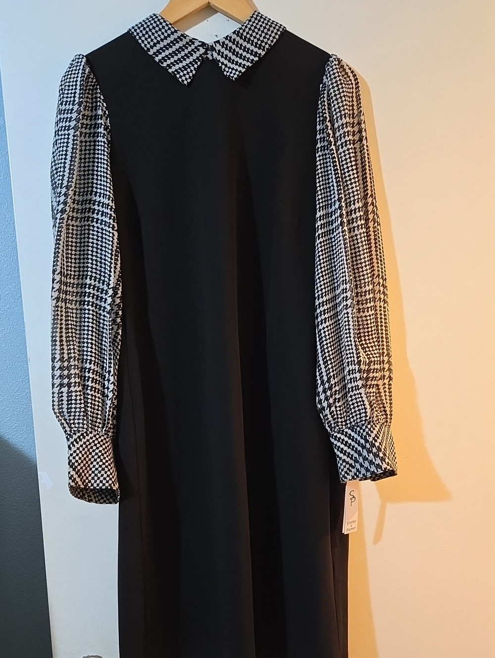Shelby & Palmer Black Shift Dress with Black-and-White Houndstooth Sleeves